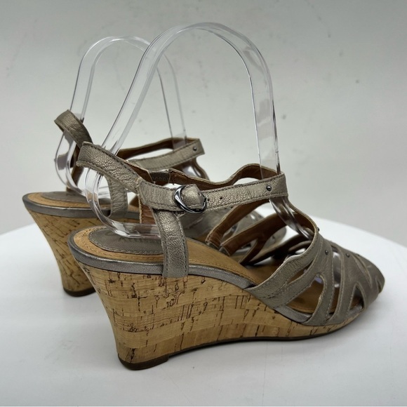 Clarks Artisan Wedge Sandals Fiddle String Espadrille Leather Neutral Tan Summer - Picture 9 of 16